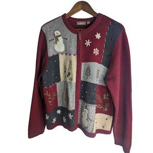 Croft & Barrow Maroon Embroidered Winter Theme Snowman Full Zip Sweater sz XL